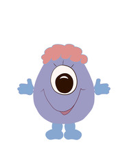 Lilac curly oval monster with one eye and a big smile