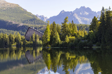 Picturesque mountain lake. Strbske Pleso. High Tatras.  Slovakia.