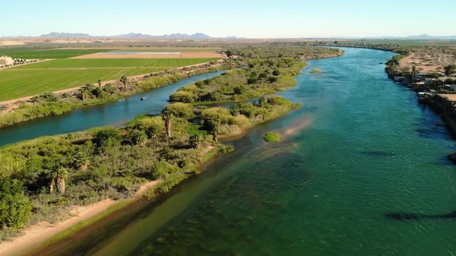 Aerial View Of The Colorado River. California Arizona Border.  Scenic Landscape. From Above, Drone Flying
