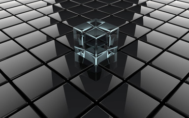 3D render - glass cube in the middle of a pattern