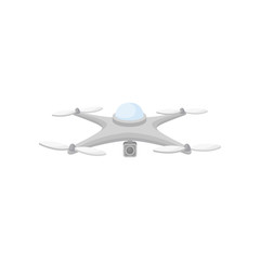 Flat vector icon of drone in flight. With camera and 4 rotor blades. Unmanned aerial vehicle. Modern technology