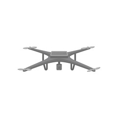 Flat vector icon of flying drone. Gray drone with four rotor blades and action camera