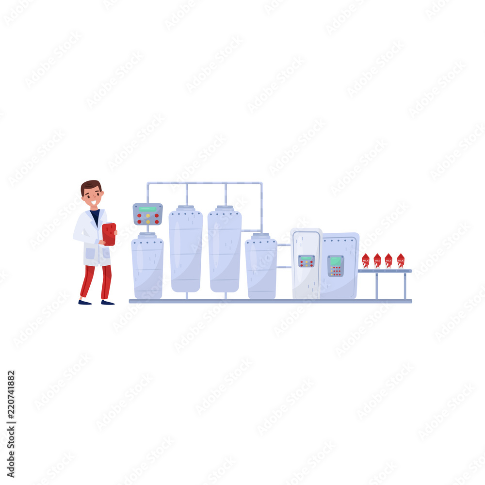 Poster flat vector illustration showing processing on milk factory. automatic conveyor. cheerful man contro