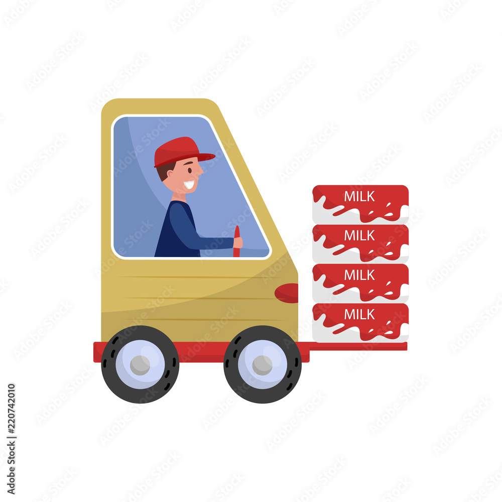 Poster cheerful man driving loading machine with milk boxes. dairy products theme. isolated flat vector des