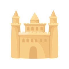 Cartoon icon of big sandcastle with three towers. Beach holiday. Flat vector element for advertising poster of tourist agency