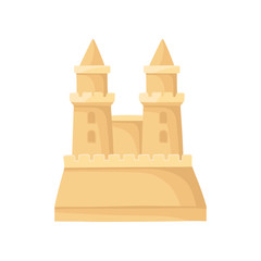 Sandcastle with two towers. Big sand fortress. Flat vector for advertising poster of travel agency or mobile game