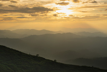 Mountains and forests in the morning.