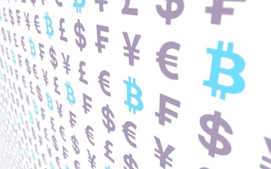 Bitcoin and currency on a white background. Digital Cryptocurrency symbol. Business concept. Market Display. 3D illustration