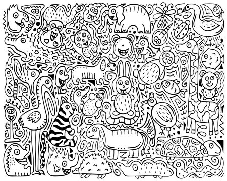 Doodle monochrome poster with hand-drawn zoo animals.