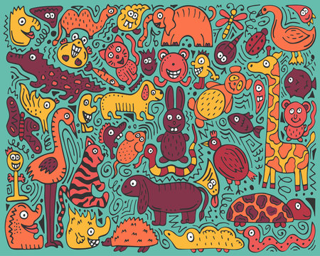 Doodle color poster with hand-drawn zoo animals.