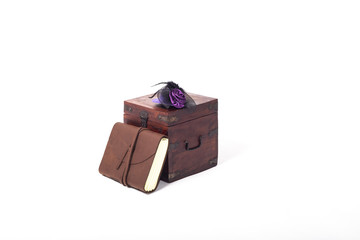 Vintage set of wooden box, notebook with leather cover and a little hat