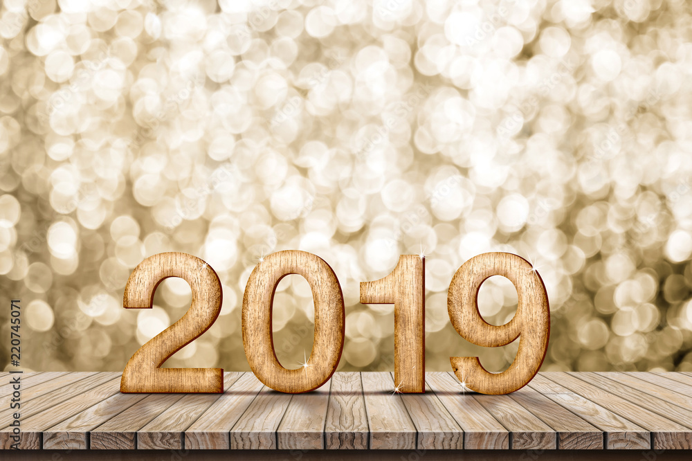 Poster 2019 happy new year wood number (3d rendering) on wood table with sparkling gold bokeh wall,leave space for display or montage of design or content.