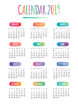 2019 Calendar doodle drawing Vector with week starting on sunday in white background