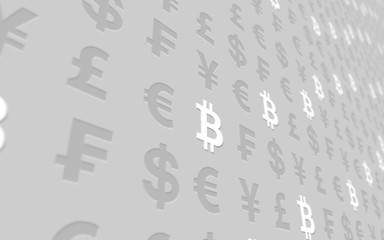 Bitcoin and currency on a gray background. Digital Cryptocurrency symbol. Business concept. Market Display. 3D illustration