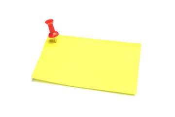 Yellow note and Red pushpin  isolated on white background with copy space