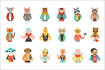 Fototapeta premium Cute humanized animals in fashion clothes set of vector Illustrations