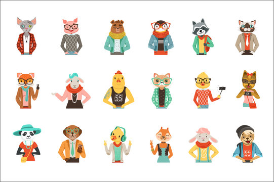 Cute humanized animals in fashion clothes set of vector Illustrations