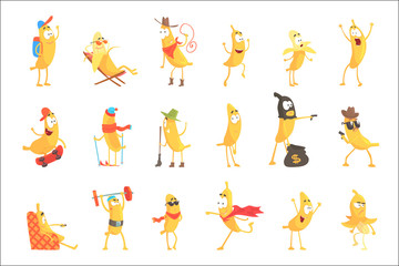 Cute happy humanized bananas in different actions set of vector Illustrations