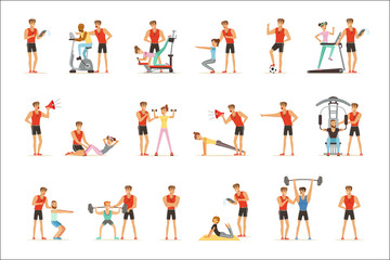 Personal gym coach trainer or instructor set of vector Illustrations