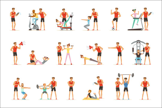 Personal Gym Coach Trainer Or Instructor Set Of Vector Illustrations