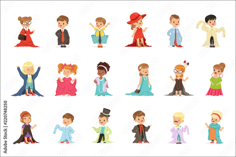 Canvas Prints Cute little kids wearing elegant adult oversized clothes set, children pretending to be adults vector Illustrations