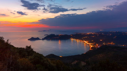 View from the hill to Agios Georgios bay with the long beach at Corfu island Greece