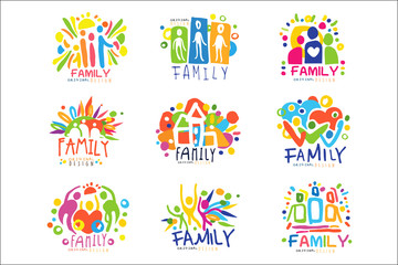 Family colorful labels original design, set of logo graphic templates