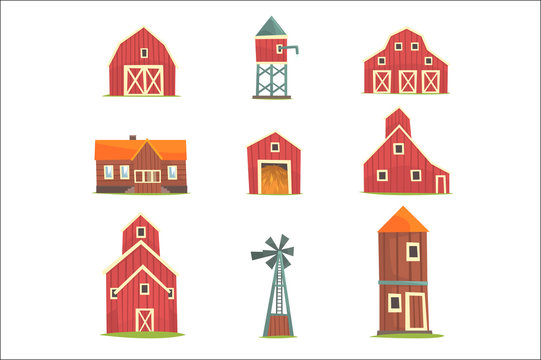 Farm buildings and constructions set, countryside life and agriculture industry objects vector Illustrations