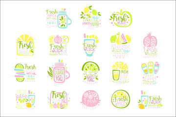 Fresh juice set of logo templates hand drawn colorful vector Illustrations