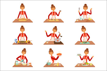 Smiling woman chef cook in white apron baking and preparing a variety of dishes, set of colorful detailed vector Illustrations