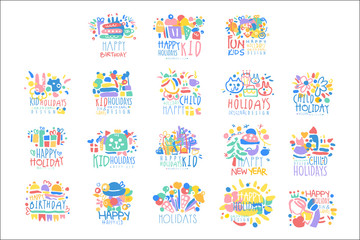 Kid Holidays, Happy Birthday logo template original design set, colorful hand drawn vector Illustrations