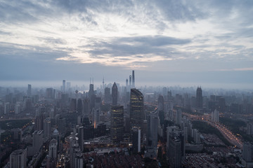 aerial view of shanghai city in West Nanjing Road, Jing`an district, in dawn