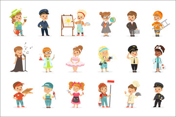Cute kids in various professions set. Smiling little boys and girls in uniform with professional equipment colorful vector illustrations
