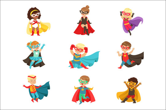 Superhero girls and boys set, kids in superhero costumes colorful vector Illustrations