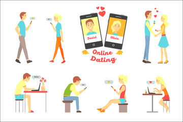 Online dating app, people finding love using dating websites and app on smartphones and computers set of vector Illustrations