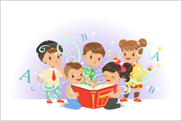 Cute little kids reading fairy tales set. Childrens dream world colorful vector illustrations