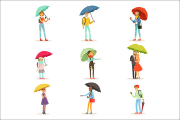 People with umbrellas. Smiling man and woman walking under umbrella colorful characters vector Illustrations isolated on white background