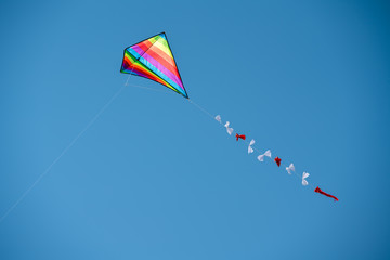 Colorful kite flying against a blue sky