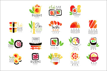 Sushi bar logo design set of colorful watercolor vector Illustrations