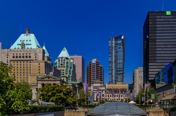 Robson Square skyline with old buildings and modern skyscrapers in downtown Vancouver Canada