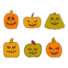 Set of Cute Halloween Pumpkins Isolated on White Background.