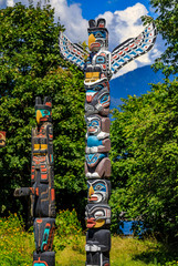 First Nations American Indian totem poles in Stanley Park in Vancouver Canada
