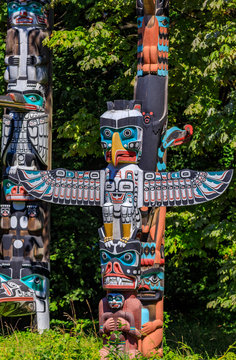 First Nations American Indian thunderbird totem pole in Stanley Park in Vancouver Canada