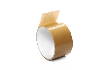 Yellow, cardboard duct, repair tape roll isolated on white background