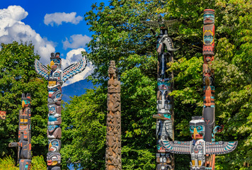 First Nations American Indian totem poles in Stanley Park in Vancouver Canada