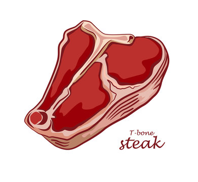 T-bone steak. Piece of meat isolated on white background. Cut of beef. Colored image with contour. Vector illustration. Icon, emblem, logo element.