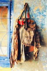 Horned headdress hanging on wall of chief's house, Talensi village of Tongo, Ghana
