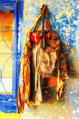 Horned headdress hanging on wall of chief's house, Talensi village of Tongo, Ghana