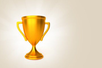 Award gold cup winner on beige with shining rays. 3d render