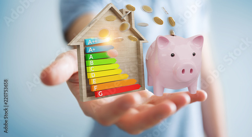 Businessman saving money with good energy chart rating 3D rendering
